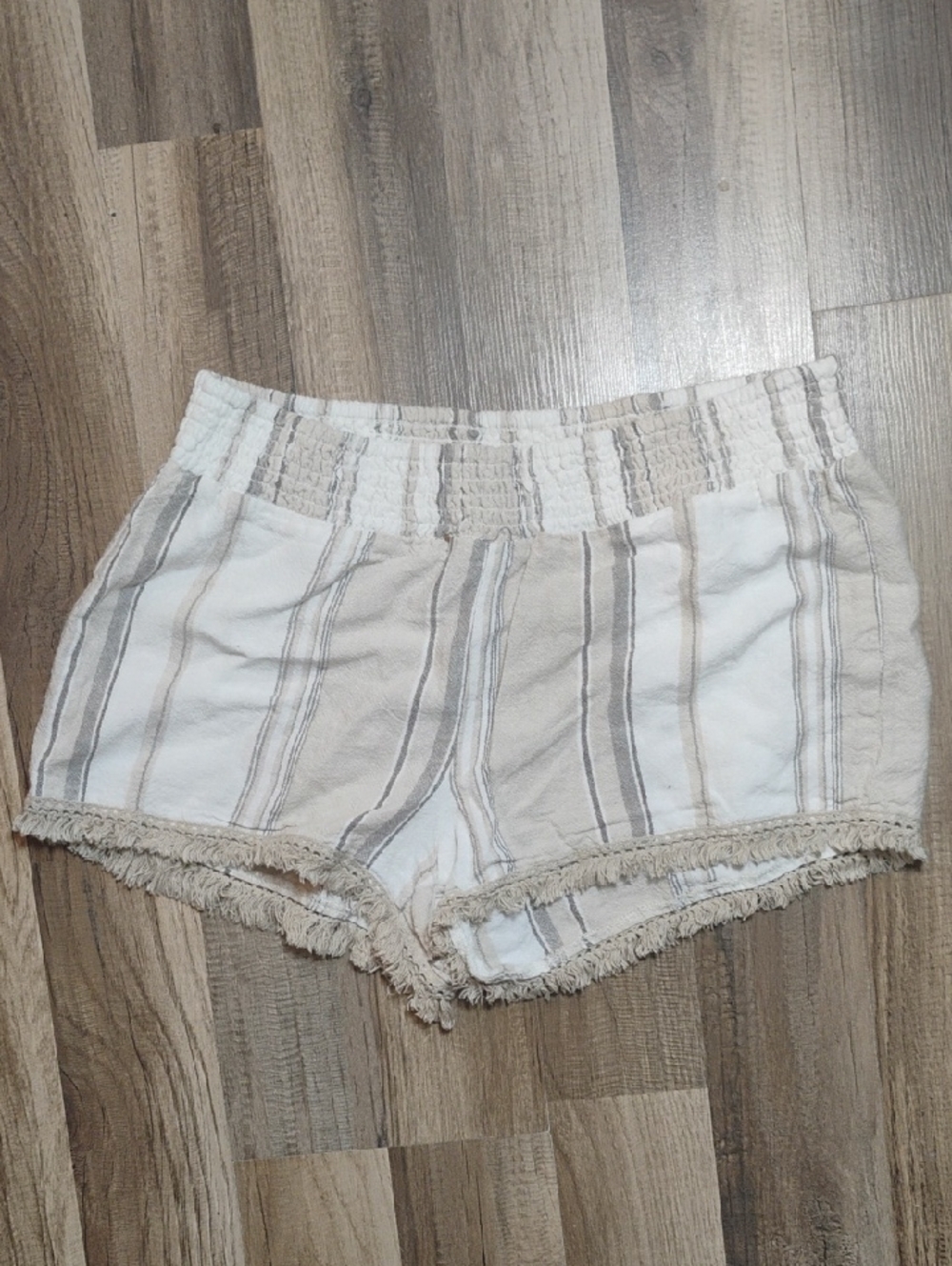 Linen Blend Cream and Gray Striped High Waist Shorts
